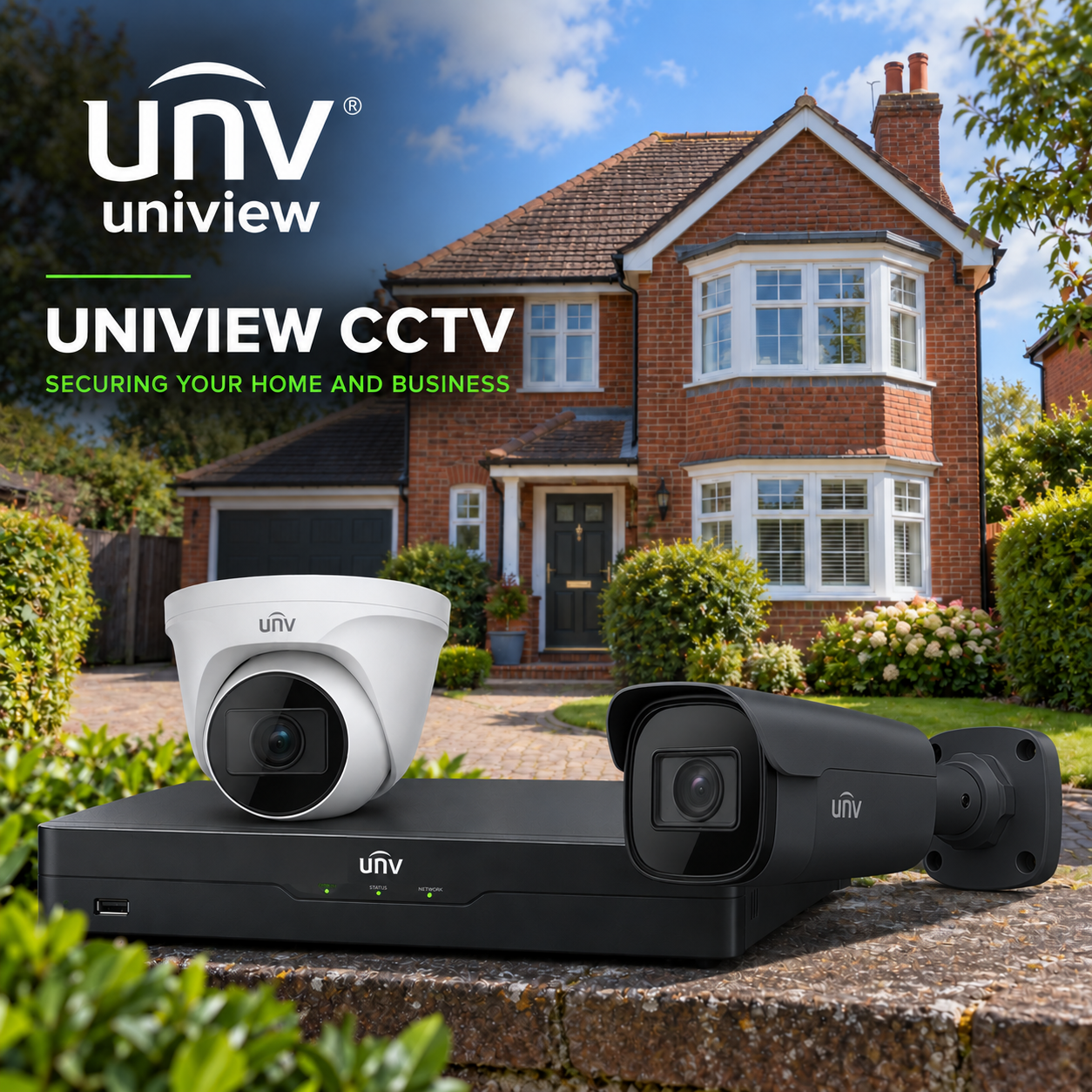 Illustration of a white Uniview turret camera, black bullet camera and video recorder in front of a British brick house during daytime
