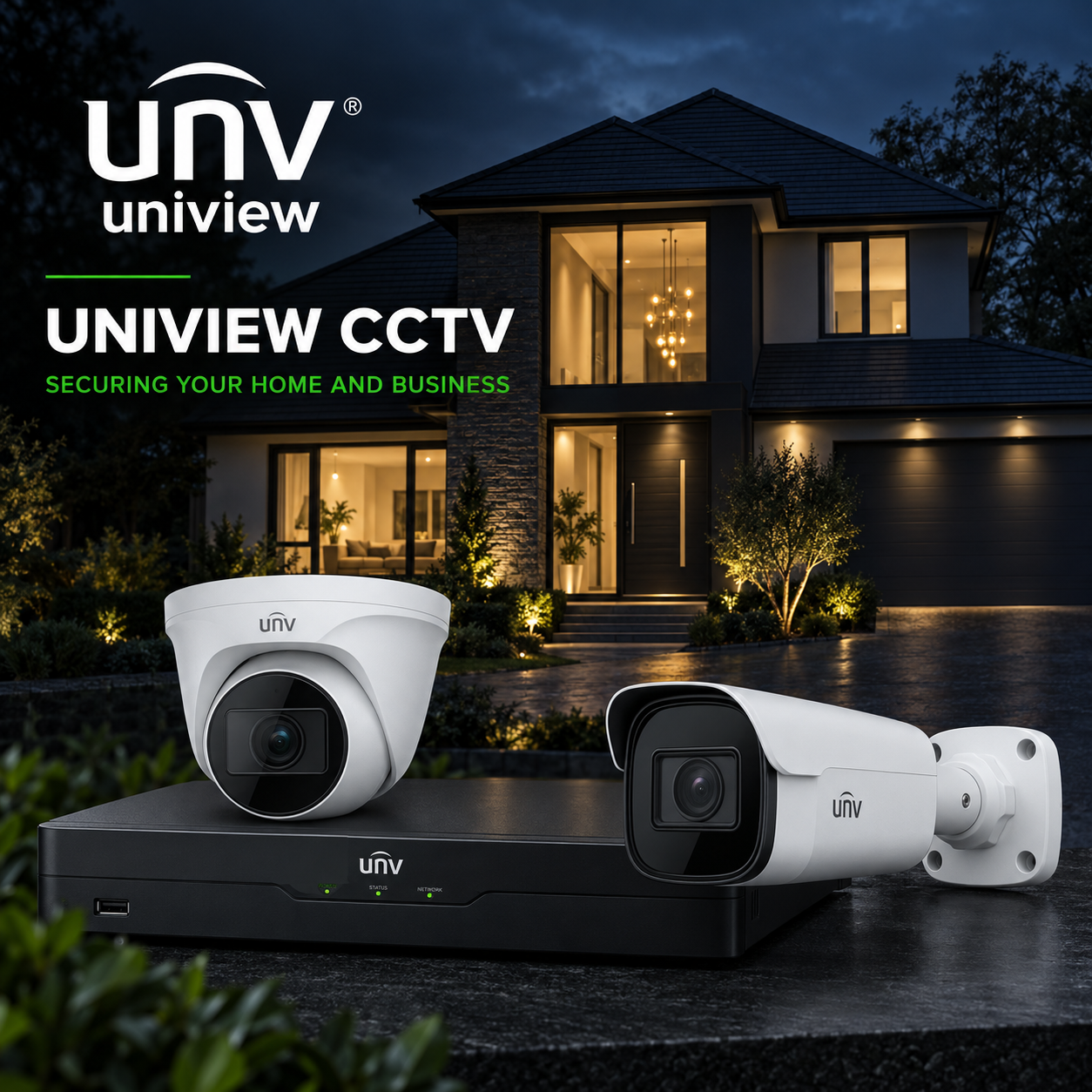 Illustration of Uniview CCTV cameras and a video recorder in front of a modern house at dusk